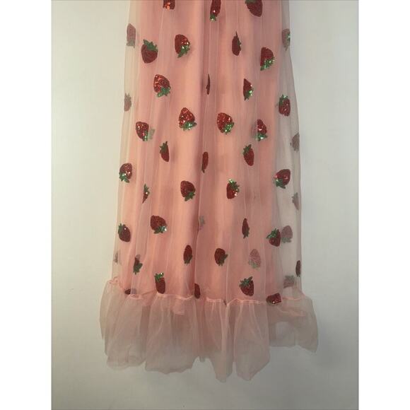 Strawberry Maxi Dress Sequin Fruit Spring Tulle Cottagecore Sz Med Pink Fairy Pr - Picture 5 of 8